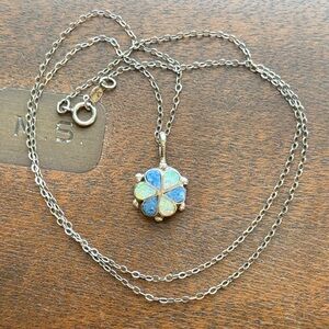 Vintage Sterling Silver Flower Pendant Necklace; Blue Enamel & Opal Inlay; 18.5”
